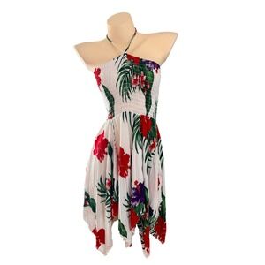 Aloha Fashion Tropical Beachy Hibiscus Smocked Halter Handkerchief Hem Dress OS